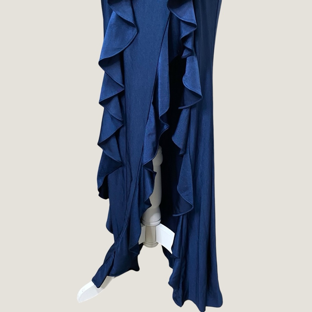 Navy Ruffle Corset Maxi Stretch Gown Dress Formal Slit Lace Up Back V Neck Sz XS - Picture 8 of 14